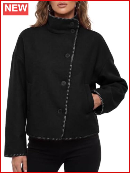 Jackets & Blazers - Wool Blend Stand Collar Button Down Pea Coat